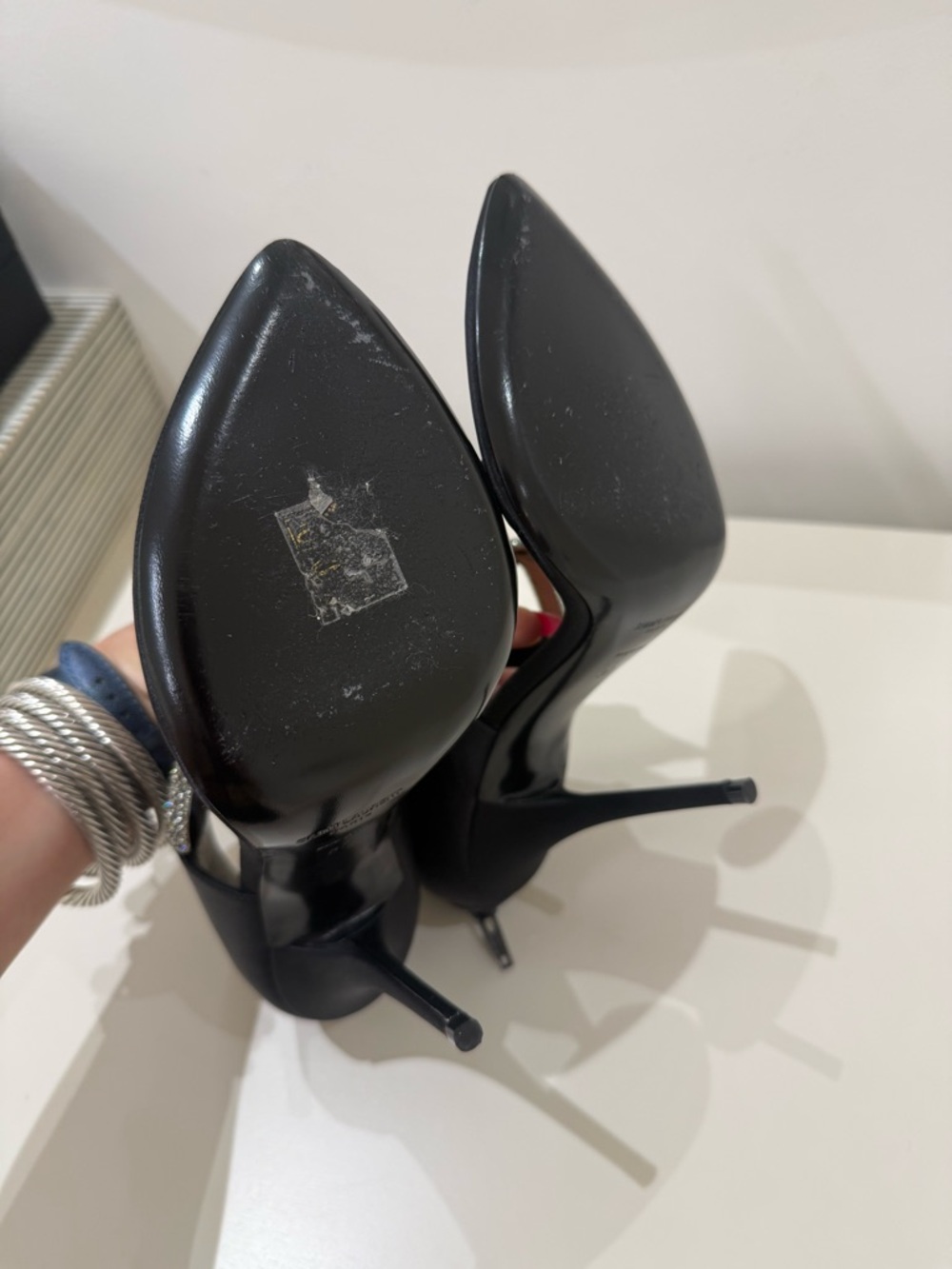 Saint Laurent Black Satin T-Strap Heels with Crystal Buckles - Picture 4 of 6